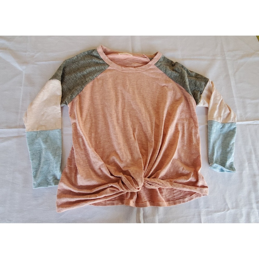 Entro Top Women's Small Colorblock Raglan Knot Front  Pink Grey Blue Casual Cute